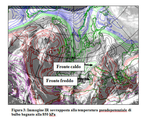 Figura 3: Immagine IR sovrapposta alla temperatura pseudopotenziale di bulbo bagnato alla 850 hPa