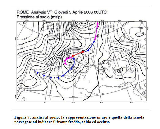 Figura 7: analisi al suolo; la rappresentazione in uso è quella della scuola norvegese ad indicare il fronte freddo, caldo ed occluso