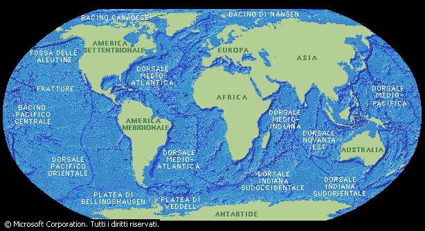 Questa carta geografica permette di apprezzare la topografia dei fondali oceanici. La profondità delle acque nei diversi punti del globo dipende dalla morfologia dei fondali, che possono presentare pianure, catene montuose, valli e vulcani, proprio come le terre emerse.